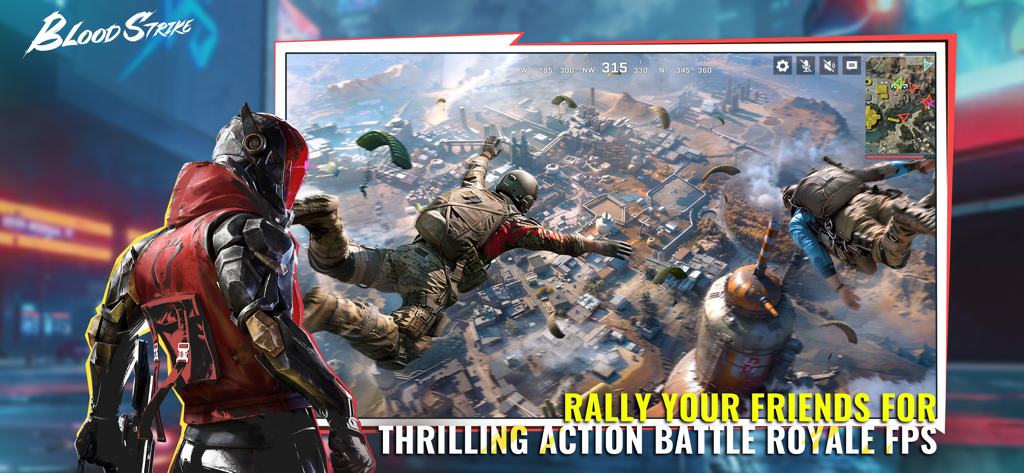 Blood Strike - FPS for all - Giocatori che si paracadutano su una mappa cittadina nell'FPS battle royale Blood Strike