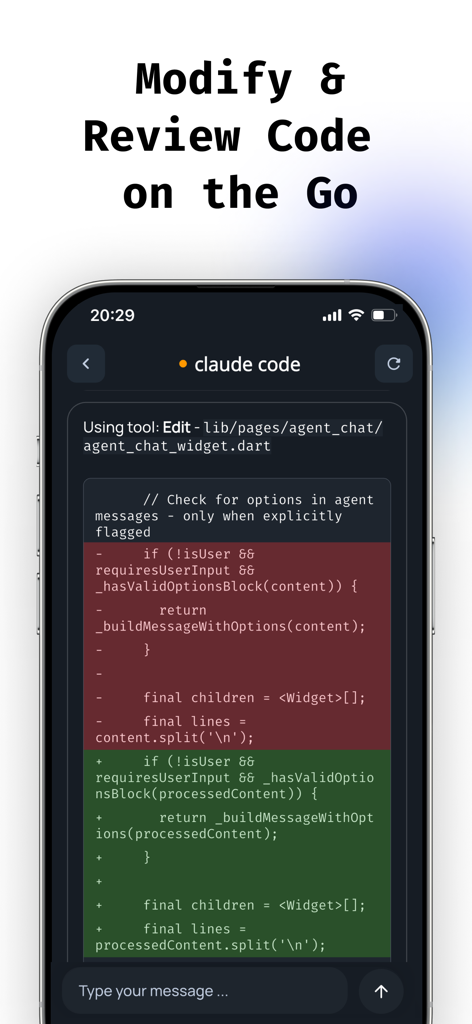 Vibe Code: Codex & Claude AI - Mobile app interface showing a code diff for review and modification using Claude AI
