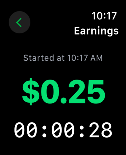 Cash Clock app on Apple Watch showing twenty five cents earned in twenty eight seconds