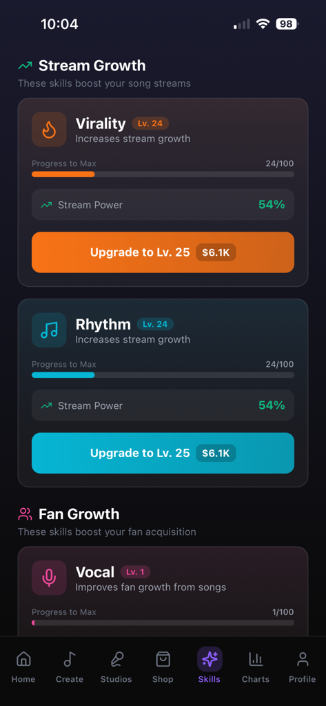 Musician Career Simulator - Mobile app interface showing musician skill upgrades for virality and rhythm to increase stream growth.