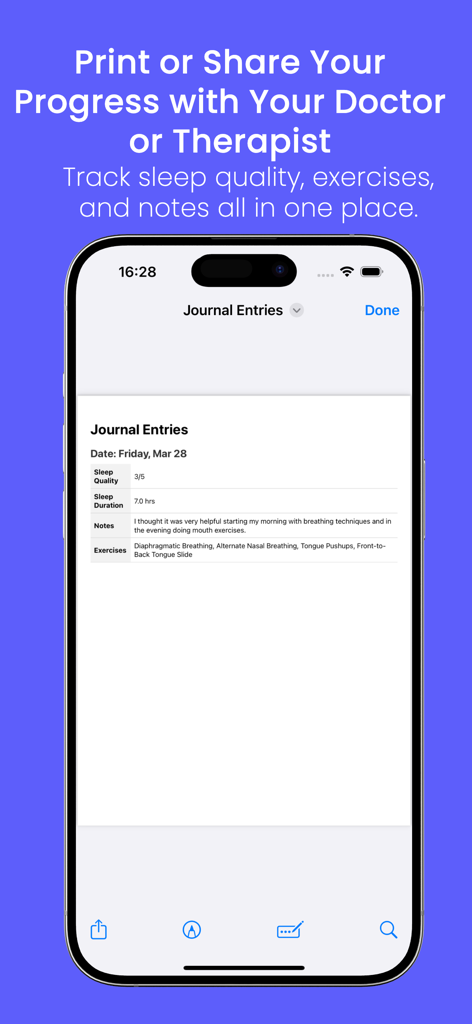 Sleep Apnea & Snore Exercises - Pantalla de entrada del diario en la aplicación Apnea del Sueño que muestra el historial de calidad del sueño y ejercicios para revisión médica