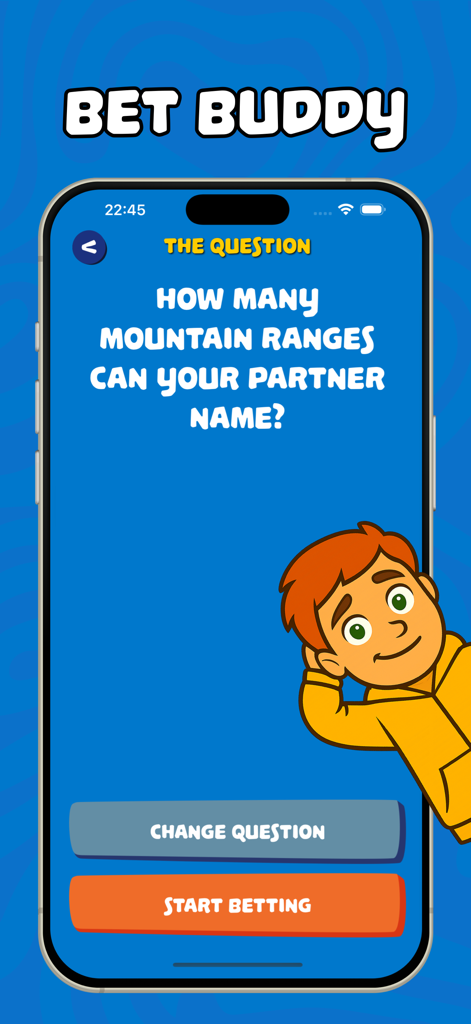 Cluso – Find the Impostor - El modo de juego Bet Buddy en Cluso que muestra una pregunta de trivia sobre la que los amigos pueden apostar.