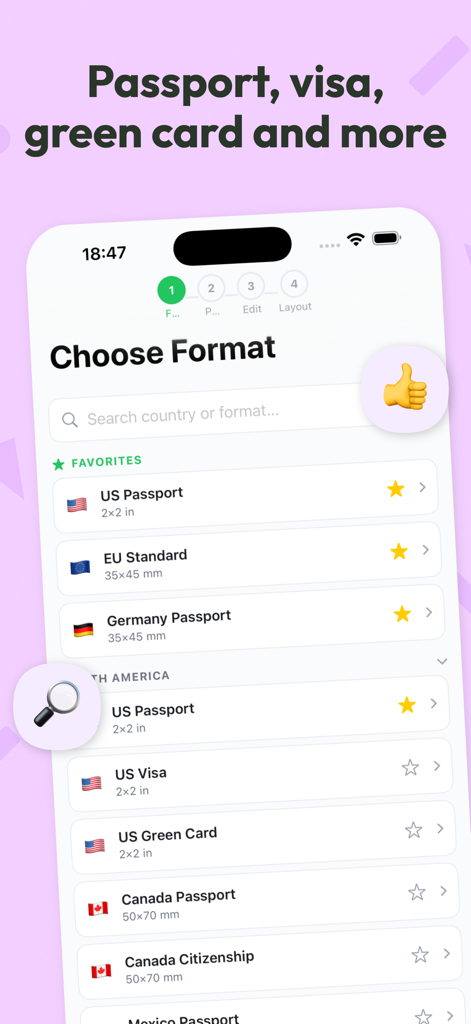 Passport Photo & ID Card - IDG - Interfaccia dell'app mobile che mostra un elenco di formati di foto per documenti ufficiali, tra cui Passaporto USA, Standard UE e Passaporto Canada