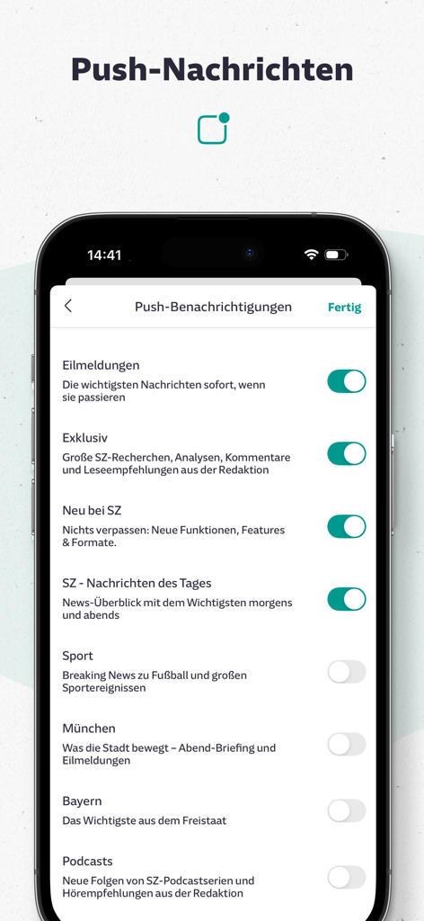 SZ Nachrichten - Interfaz de la aplicación móvil mostrando la configuración de notificaciones push para la aplicación de noticias SZ Nachrichten, incluidas noticias de última hora y actualizaciones regionales.