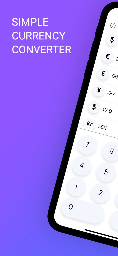 Converio - Money Calculator - Uma interface simples de aplicativo móvel para conversão de moeda mostrando vários símbolos de moedas globais e um teclado numérico.