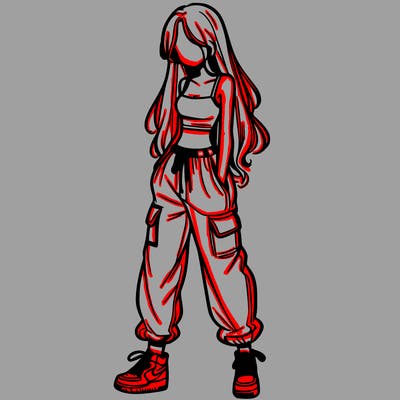 girl in baggy pants crop top and long hair
