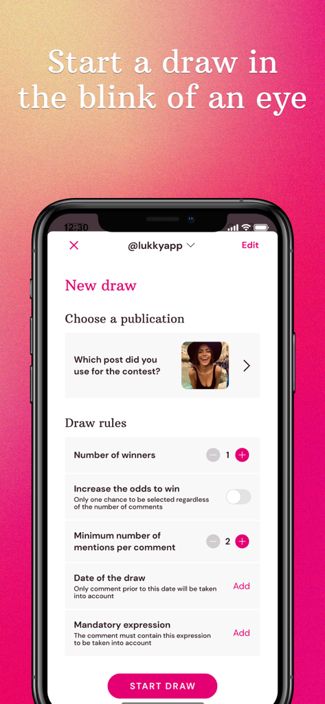 Lukky - Social Giveaways - Smartphone screen showing the Lukky app interface to configure a social media giveaway with custom draw rules