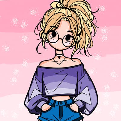 girl with a messy ponytail glasses a baggy crop top and jean shorts