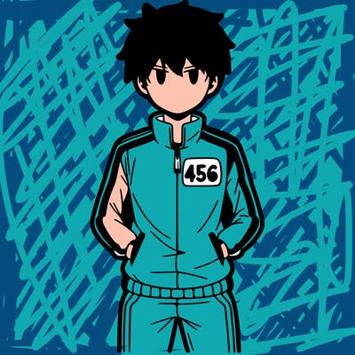 anime boy split with a tracksuit and the number 456 on the tracksuit