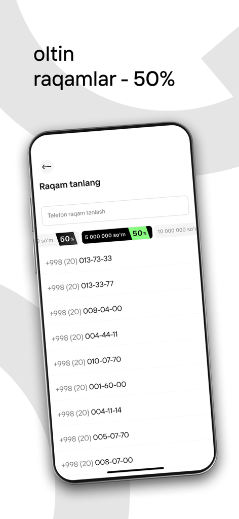 OQ mobile app interface for choosing a new phone number with a 50 percent discount on gold numbers