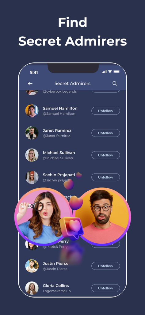 Mobile App-Bildschirm, der eine Liste von Instagram-Geheimfavoriten mit Entfolge-Schaltflächen anzeigt.