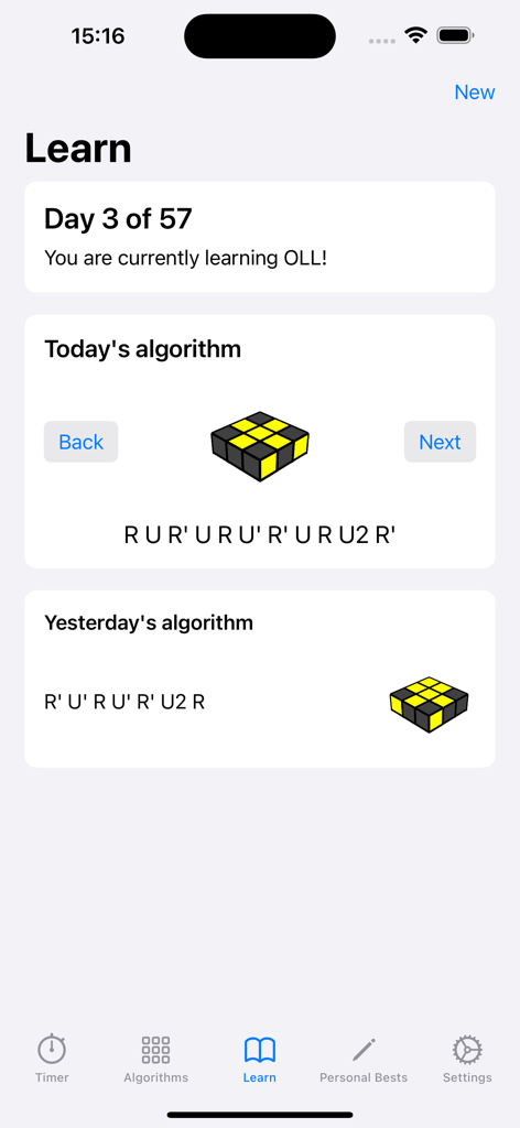The Cube App Pro - Interface de The Cube App Pro affichant des algorithmes OLL quotidiens du Rubik's Cube pour l'apprentissage.