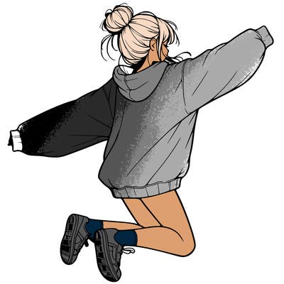 realistic girl jumping with a bun and oversized sweatshirt