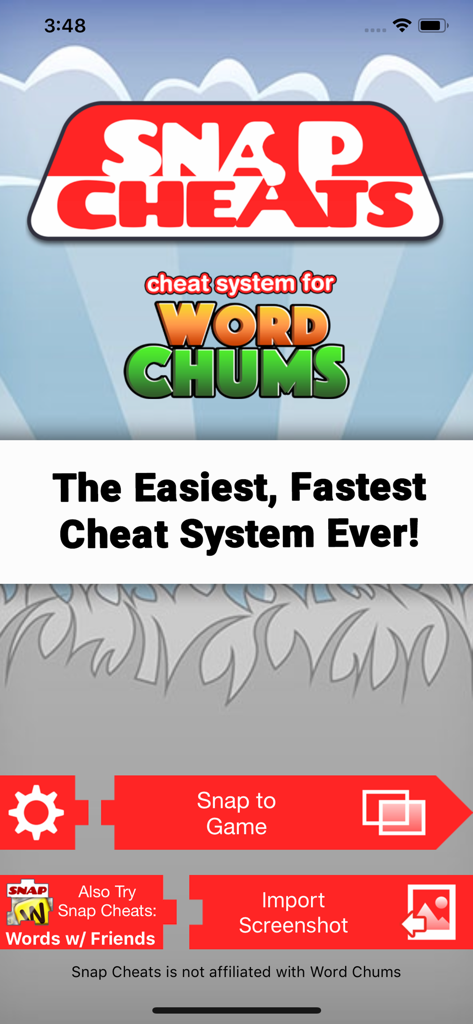 Snap Cheats - for Word Chums - Home screen of Snap Cheats for Word Chums showing buttons for Snap to Game and Import Screenshot