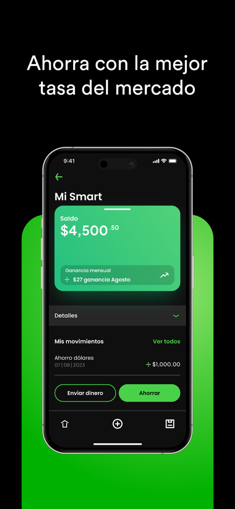 MultiMoney: Créditos y ahorro - MultiMoney app screenshot showing a savings account balance and monthly earnings in Spanish