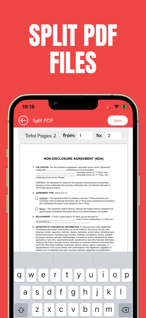 Bildschirm der App zum Teilen von PDF-Dateien, der ein NDA-Dokument auf einem iPhone-Bildschirm zeigt