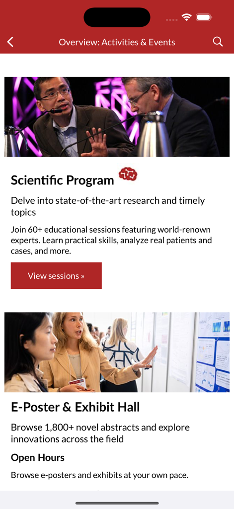 MDS Events - Screenshot of the MDS Events app displaying options for the Scientific Program and E-Poster Exhibit Hall.