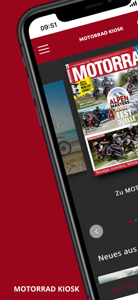 Motorrad Kiosk - Interfaz de la aplicación móvil Motorrad Kiosk mostrando la portada de una revista digital