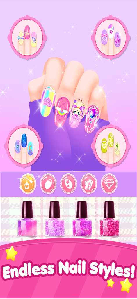 A hand showing colorful and patterned nail art with several nail polish bottles in a creative mobile game for kids