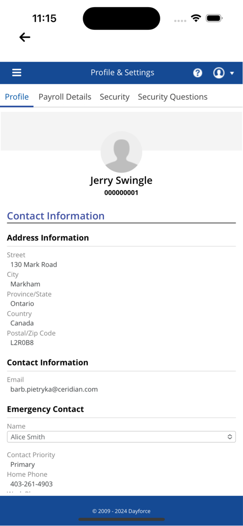 Employee profile and settings page in the Powerpay Self Service app displaying contact and emergency information