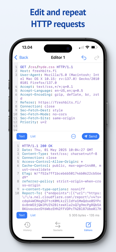 Proxygen mobile app interface showing the editor for modifying and repeating HTTP requests with syntax highlighting
