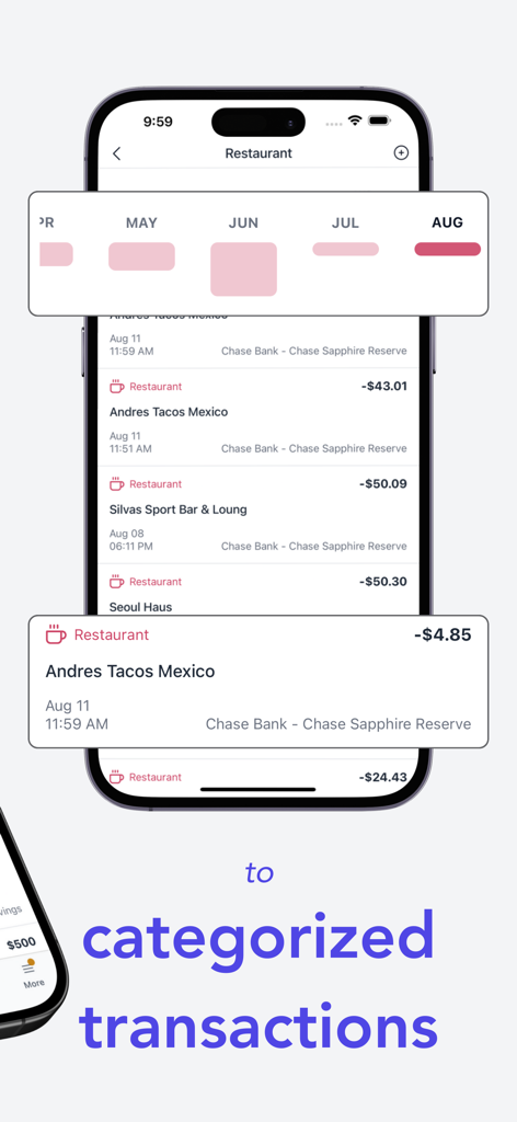 Skwad: Privacy-First Budgeting - A smartphone screen showing the Skwad app displaying a list of transactions categorized under restaurant and a monthly spending chart.