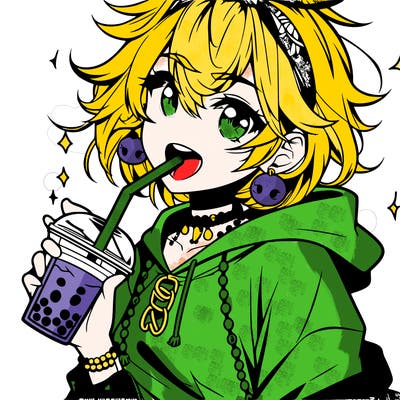 hot baddie anime girl drinking boba and biting the straw