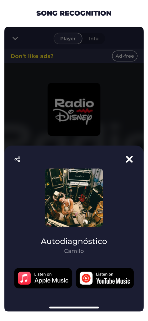 Panama Radio Live FM & AM - Song recognition feature in the Panama Radio app identifying a track by Camilo with links to streaming services