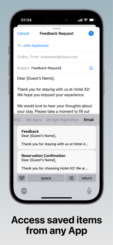 iPhone-Bildschirm, der die Clipbox-Tastaturerweiterung zeigt, die zum Einfügen gespeicherter Textvorlagen in eine E-Mail-App verwendet wird.