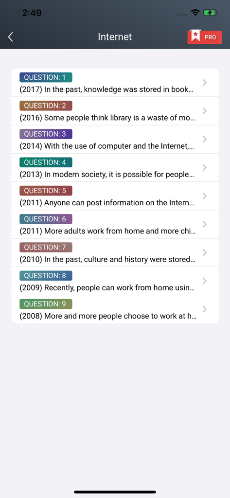 IELTS Writing Exam Test Prep - Eine Liste von IELTS-Schreibaufgaben, kategorisiert unter dem Thema Internet mit Aufforderungen aus früheren Jahren.