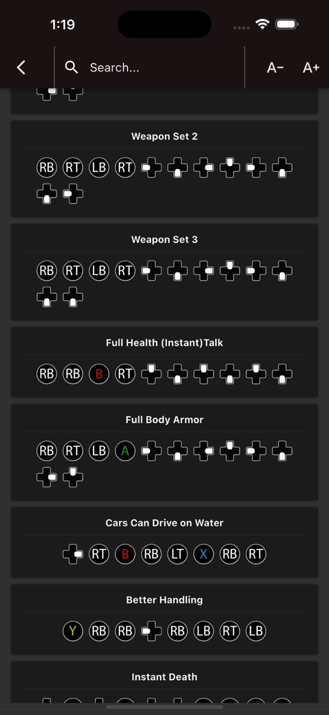 Xbox cheat code button sequences for GTA Vice City including health and weapons