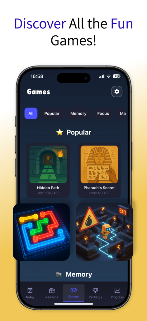 Mind Master: Brain Tests - Pantalla de la aplicación Mind Master que muestra juegos de entrenamiento cerebral populares y categorías