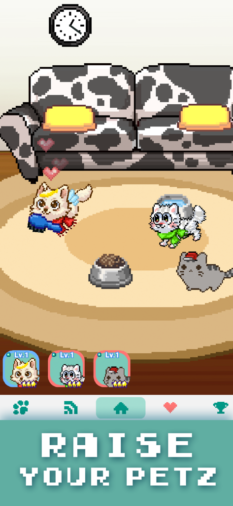 Una captura de pantalla de la aplicación Pixel Petz que muestra tres adorables mascotas pixeladas en una habitación virtual con un sofá con estampado de vaca.