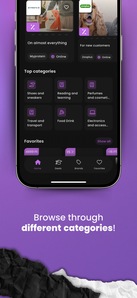 Diverzum - Student discounts - Diverzum app interface showing student discount categories like shoes sneakers reading learning and travel