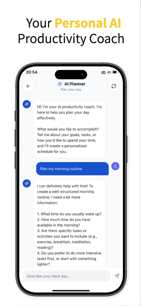 Growi: AI Productivity-Growth - Interface de chat de l'application Growi montrant l'entraîneur de productivité IA aidant un utilisateur à planifier une routine matinale
