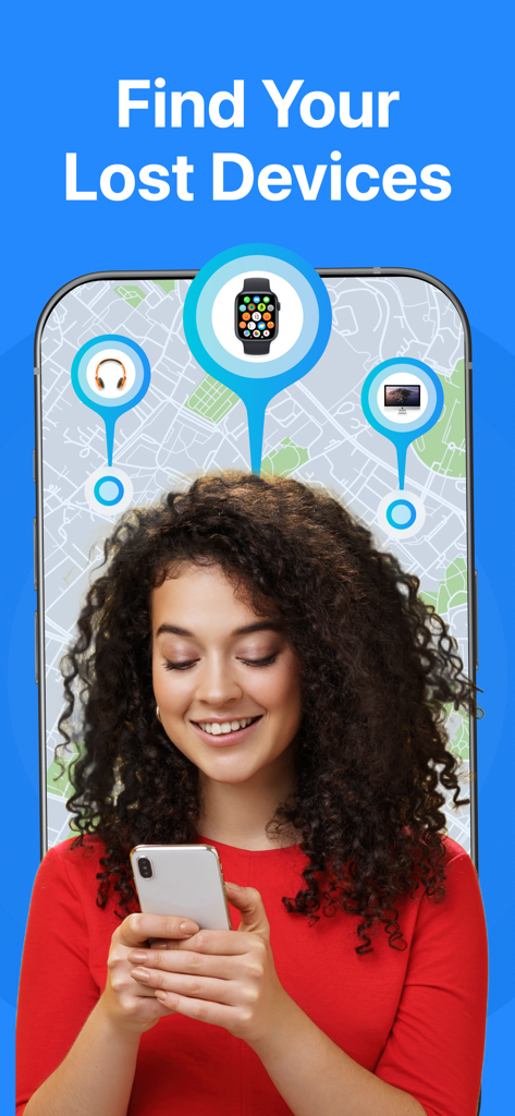 Wonderfind - Bluetooth Finder - A woman using the Wonderfind app on her iPhone to locate lost Bluetooth devices like a smartwatch and headphones on a digital map