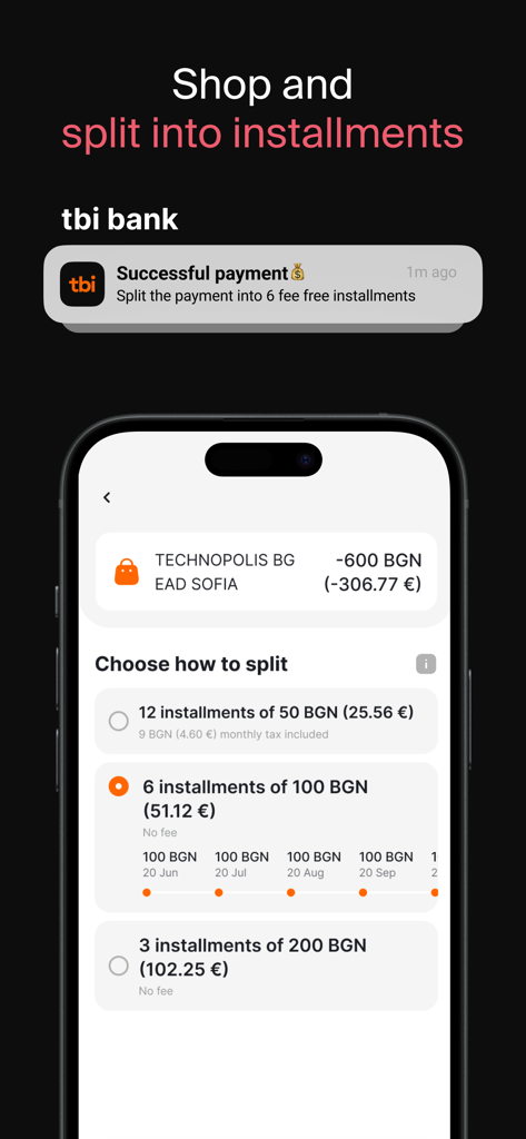 Interface de l'application tbi bank montrant les options pour diviser un paiement en 3 6 ou 12 versements