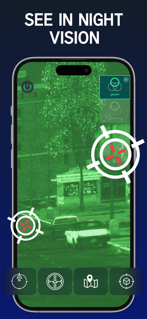 Hidden Camera Finder - AntiSpy - Un smartphone mostrando el modo de visión nocturna de la aplicación Hidden Camera Finder para detectar dispositivos de vigilancia con poca luz.