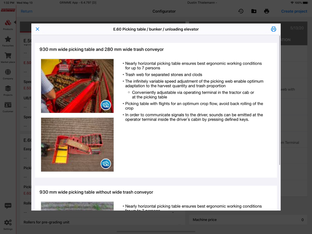 GRIMME - GRIMME app interface showing technical specifications and photos for agricultural picking tables and conveyors.