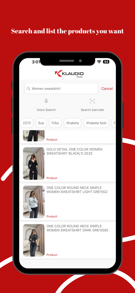 Klaudio Fashion - Klaudio Fashion mobile app search results screen showing women sweatshirts with voice and barcode search options