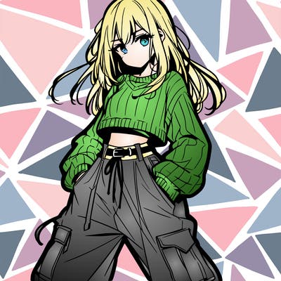 anime teen girl with baggy pants and crop top with sweater