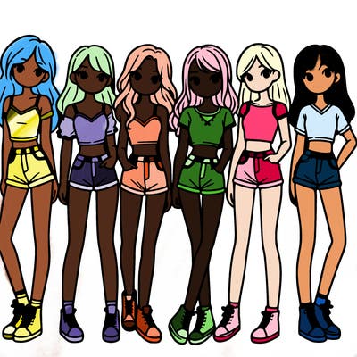 a group of girls wearing crop tops and shorts
