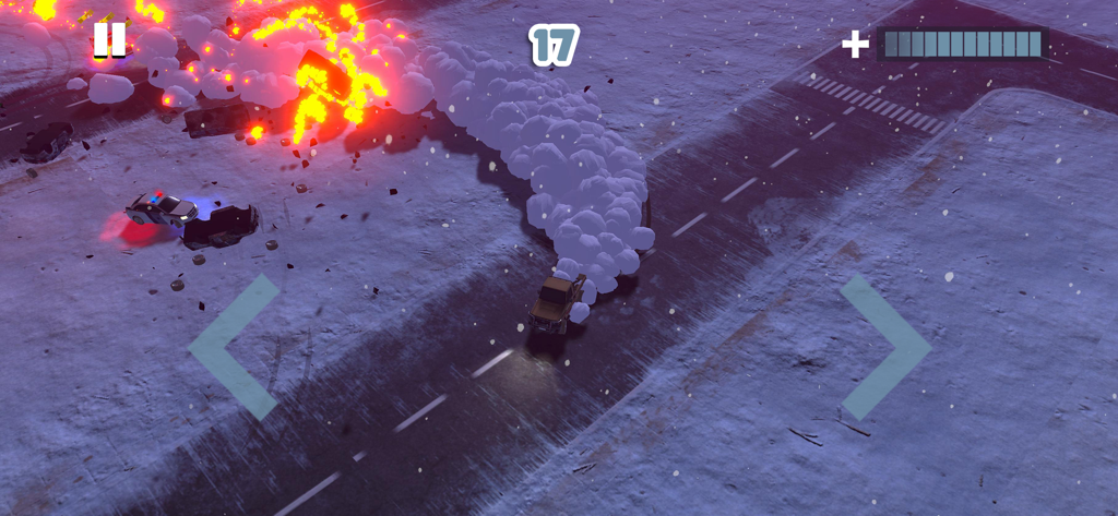 Gameplay of Amer Cop Pursuit showing a car drifting on a snowy road near a police car and an explosion