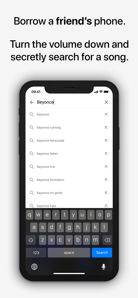 Earworm - A screenshot of the Earworm app showing a secret song search on a borrowed smartphone for a digital magic trick