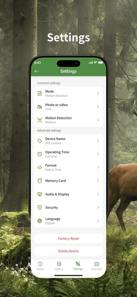 TrailCam Go app settings screen showing motion detection and device configuration options.