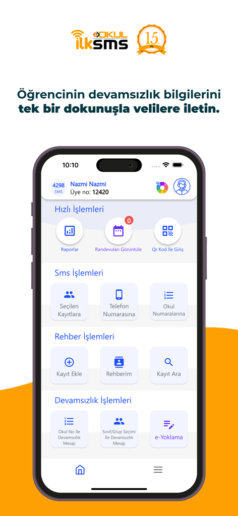 Dashboard of the ilkSMS mobile app for sending student attendance and announcement messages through the e-Okul system.