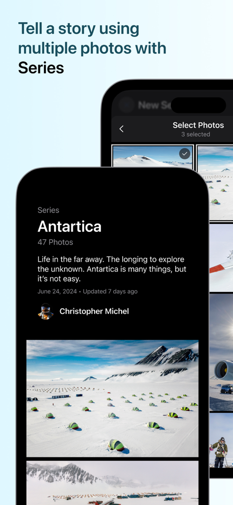 Glass app interface showing the Series feature with a photo story about Antarctica