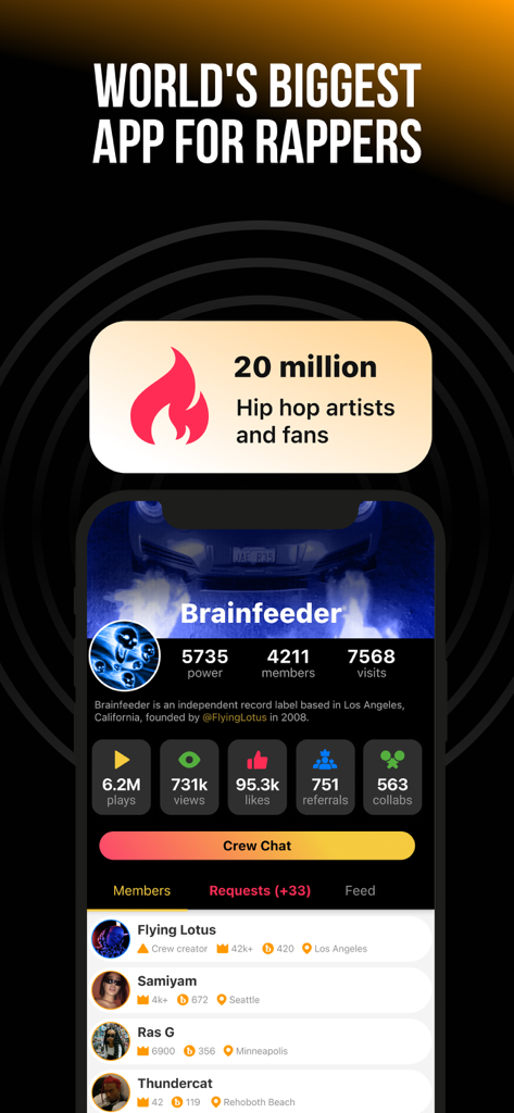Rap Fame - Rap Music Studio - 6백만 회 이상의 재생 수와 2천만 명의 힙합 아티스트 커뮤니티를 가진 Brainfeeder 크루 프로필을 보여주는 Rap Fame 앱 스크린샷