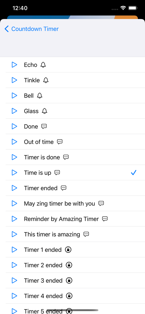 VoyTimer: Talking Voice Timer - Un menú en la aplicación VoyTimer que muestra una lista de sonidos de notificación seleccionables y alertas de voz de alta calidad para cuando finaliza un temporizador.