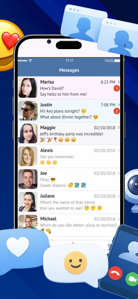 Minichat:FoodPrepFlow - A mobile interface showing a list of messages from various contacts with profile pictures and chat previews